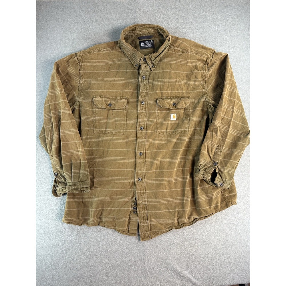 Carhartt Mens 3XL Brown Stripe Twill Loose Fit Button Up Work Shirt TW4447-M